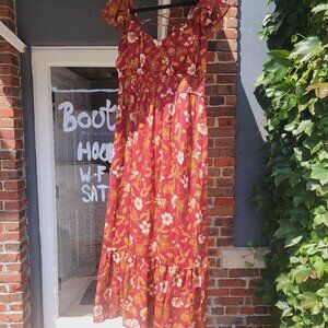 Blu Pepper Flutter Sleeve Midi Dress Red Florals